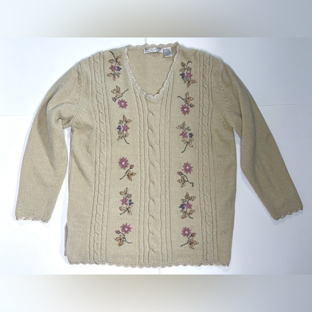 Vintage Light Beige Floral V Neck Cable Knit Sweater Medium Cottage Grandma Core